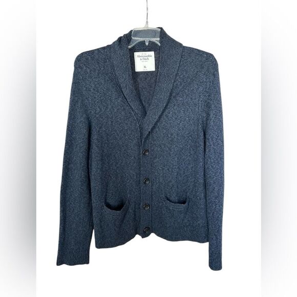 Abercrombie & Fitch Heather Blue Knit Fisherman Sweater Cardigan Pocket XL - Picture 1 of 7